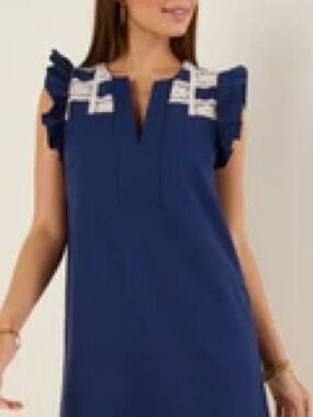 Navy Ruffle Sleeve Mini Dress with White Embroidered Yoke